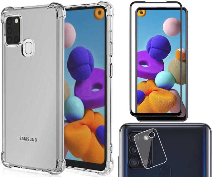 Hoesje geschikt voor Samsung Galaxy A21s - Transparant Shock Proof Case + Screen Protector Full + Camera Protector