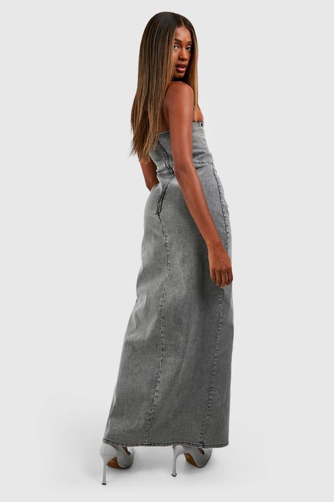 boohoo Dames Denim Side Split Bandeau Maxi Jurk | Grijs | Maat: 34