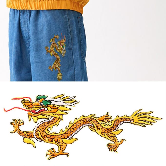 Chinese Draak Stoffen Sticker Geborduurde Patch DIY Decor Appliqué Handwerk Kledingaccessoires yellow