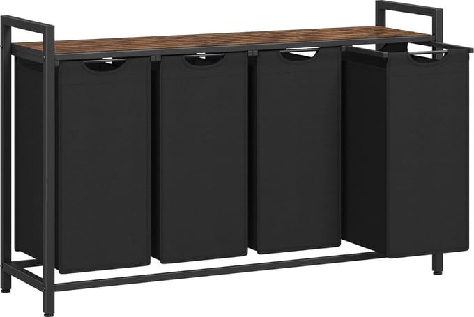MIRA Home - Wasmand 4 Vakken - Wassorteerder met Plank - 160 Liter (4x40L) - Zwart - 116x33x72 cm