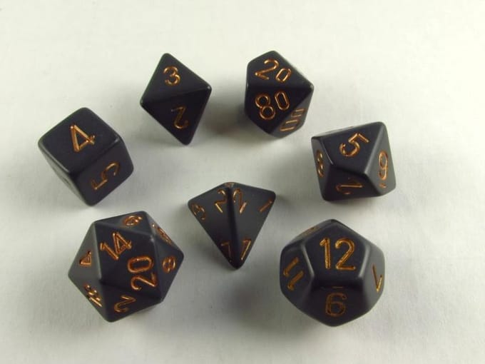 Chessex dobbelstenen set, 7 polydice, Opaque dark grey w/copper