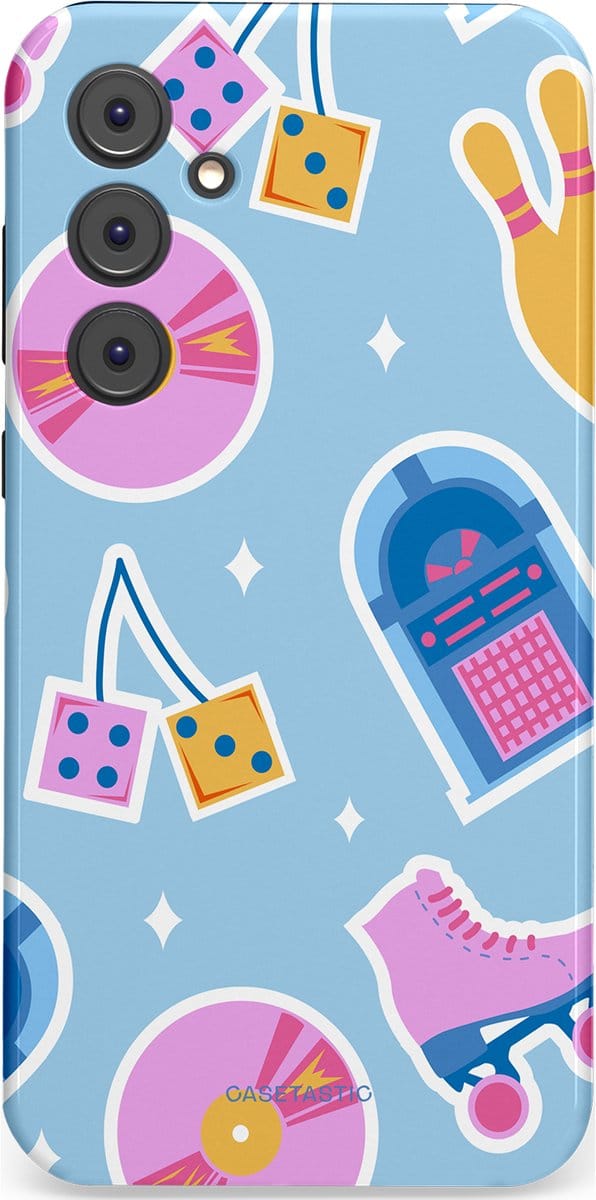 Casetastic hoesje geschikt voor Samsung Galaxy A35 - Dubbellaagse bescherming - Flashback vibes - Fashion Case - Lichtblauw Lavendel Wit