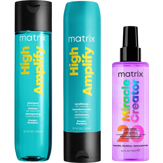 Matrix Total Results Volumising High Amplify Shampoo, Conditioner and Miracle Creator Spray Routine for Fine and Flat Hair