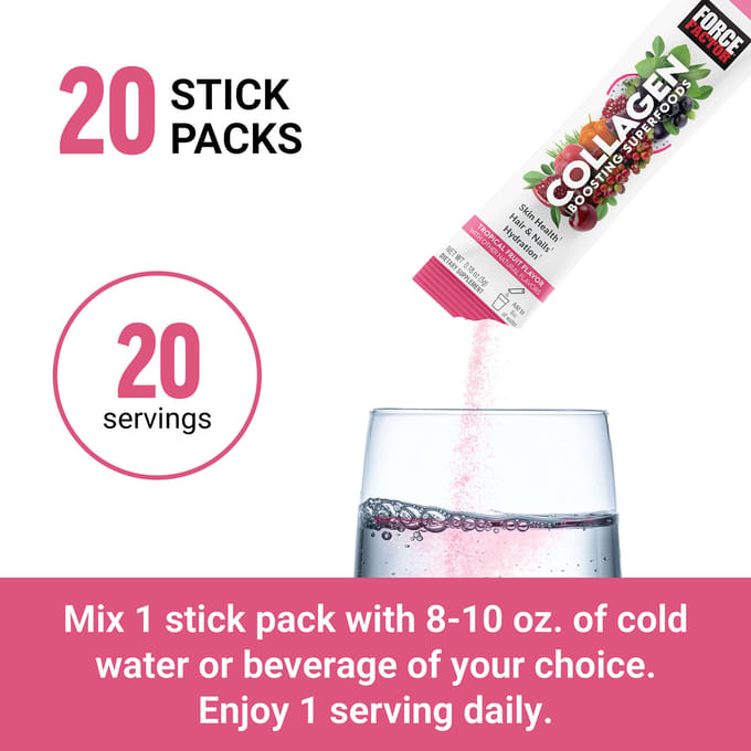Force Factor, superaliment booster de collagène, saveur fruits tropicaux, 20 sticks, 5 g (0,18 oz) chaque