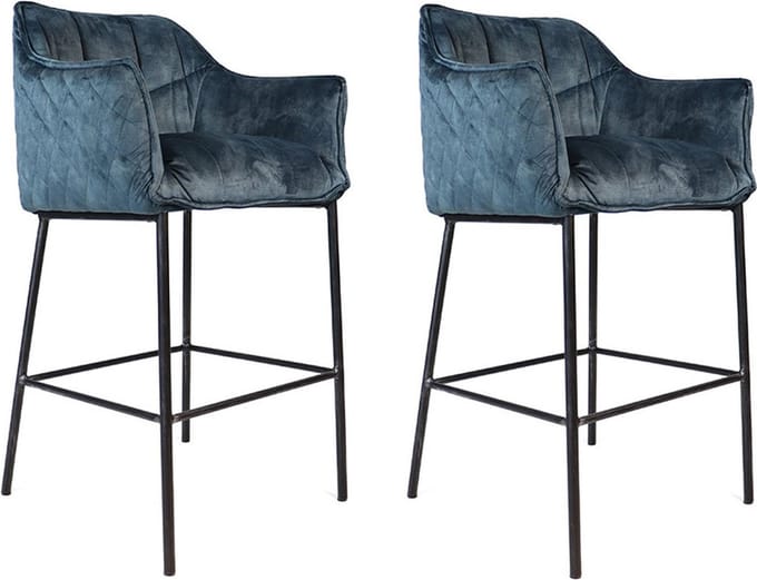 Bronx71® Velvet barkruk Jayron blauw 82 cm - Barkrukken set van 2 - barstoel