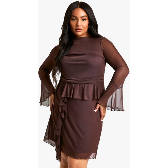 boohoo Dames Plus Mesh Ruffle Flared Sleeve Smock Jurk | Chocoladebruin | Maat: 54