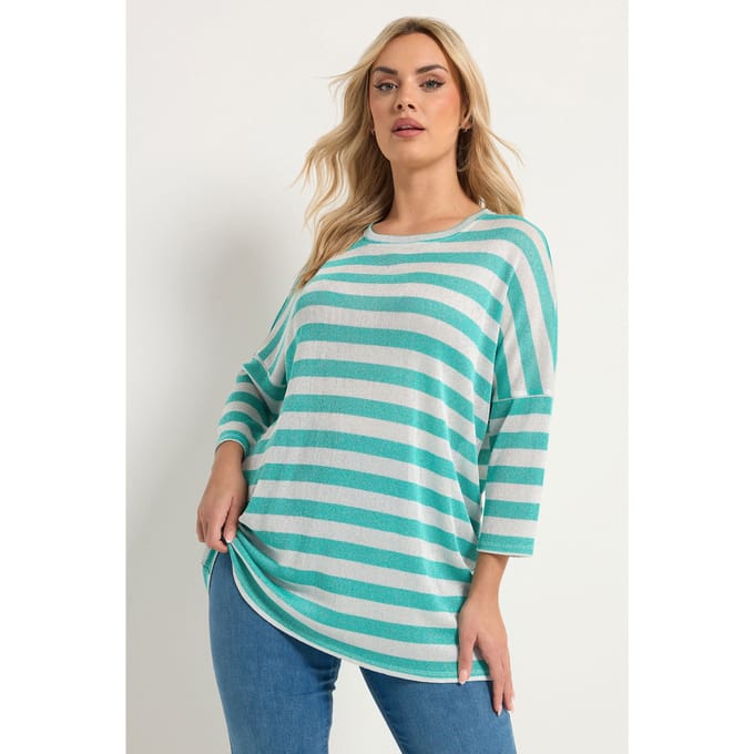 Yours Groene Gestreepte Metallic Tuniek Top Met Afhangende Schouders Size 48