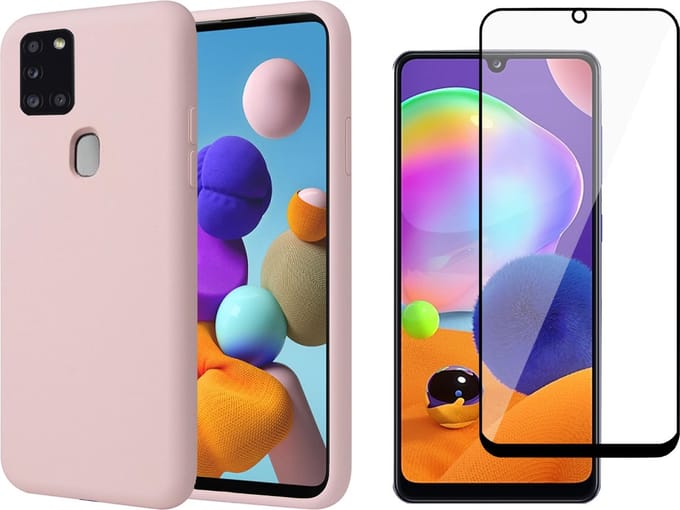 Hoesje geschikt voor Samsung Galaxy A21s - Liquid Siliconen Case Roze + Screen Protector Full