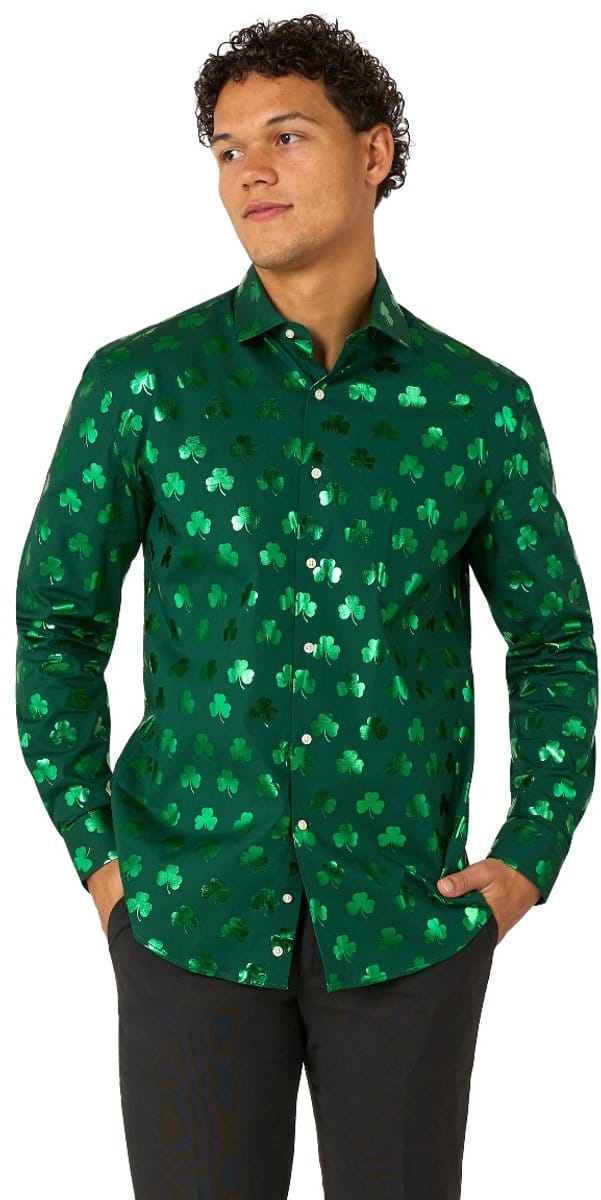 OppoSuits Shiny Shamrock - St. Patrick's Day Overhemd - Glimmend Overhemd - Thema Overhemd - Groen - Maat: M