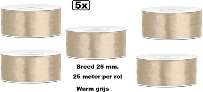 Themaparty Satin Ribbon lint - Warm grijs rol van 25mm x 25 meter