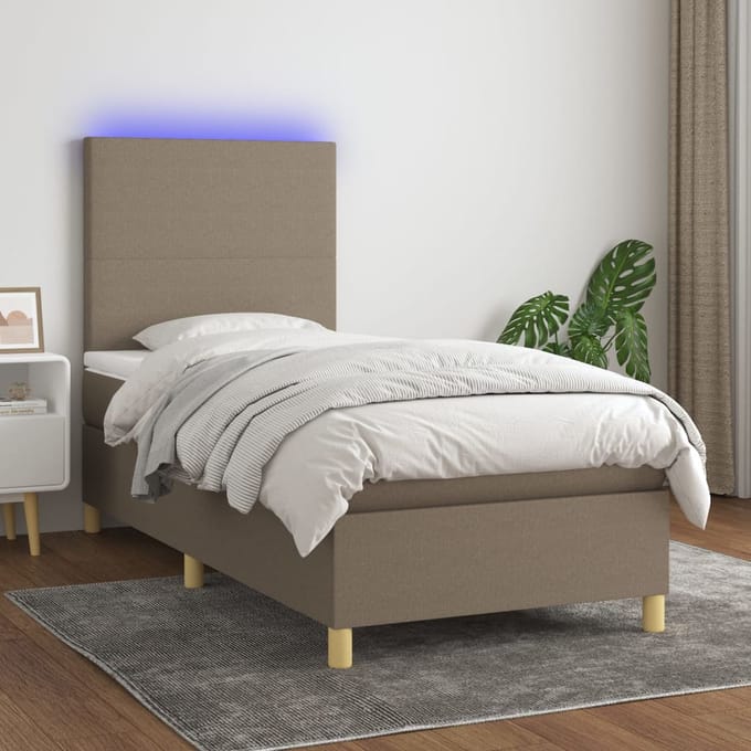 vidaXL - Boxspring - met - matras - en - LED - stof - taupe - 90x190 - cm