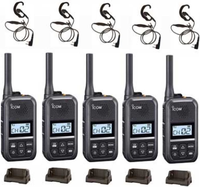 Set van 5 Icom IC-U20SR IP54 mini Portofoon met tafel lader en C-ring oortje