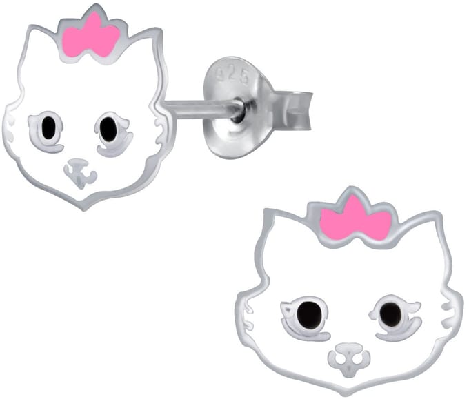Joy|S - Zilveren kat poes oorbellen - wit - 10 x 8 mm