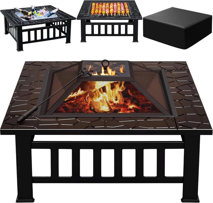 Vuurkorf Tafel - Buitenhaard - Terras Verwarming - Inclusief Deksel - 81 cm - Zwart