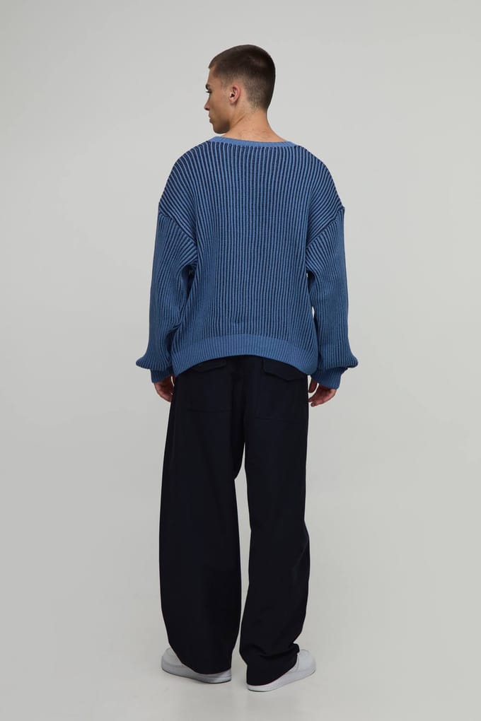 Heren Relaxte Boxy Geribbelde Gebreide Trui | Navy | Size Medium