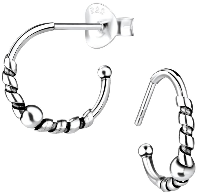 Joy|S - Zilveren Bali oorringen stud - twist met bal - 14 mm - geoxideerd