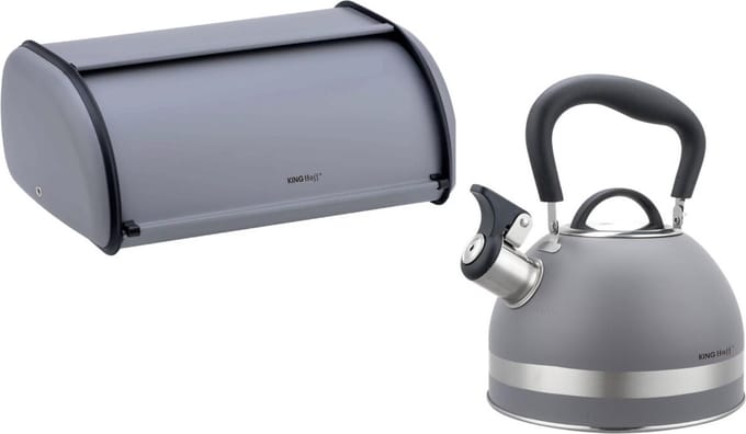 Kinghoff 1851 / 1751 - Fluitketel 1.8 liter met fluit en Broodtrommel - RVS - Grijs