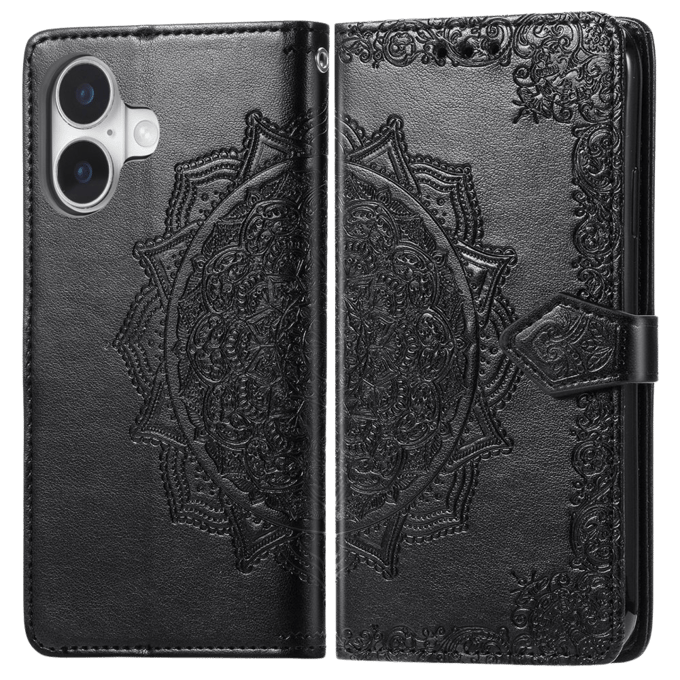 Comfycase iPhone 16 Mandala Booklet Hoesje Zwart