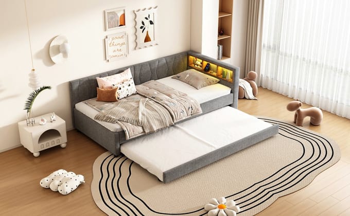 Dagbed - 90x200 Cm Grijs Met Uitschuifbaar Bed, Ledstrip, Usb+Type-C En Opbergvakken