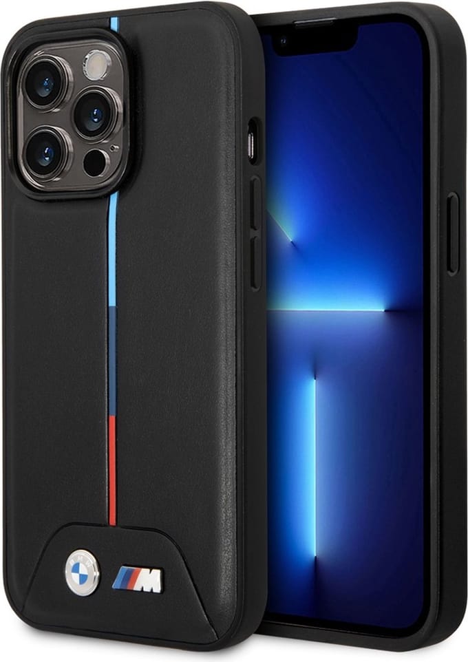 BMW M Tricolor Vertical Stripe Leather Back Cover - Geschikt voor Apple iPhone 14 Pro (6.1") - Zwart