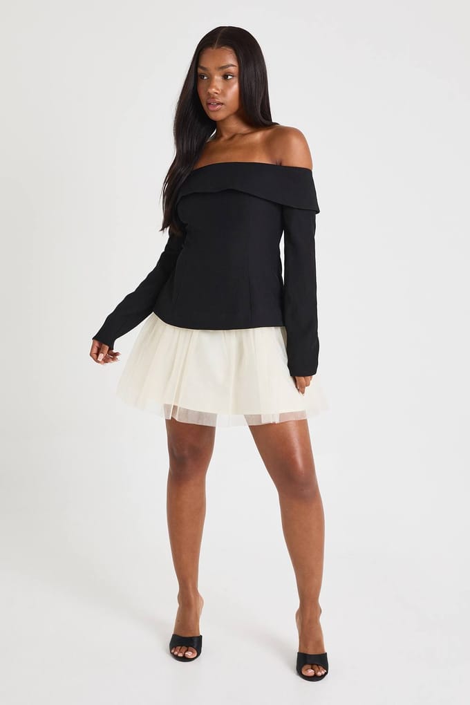 boohoo Dames Tulle Bardot Getailleerde Mini-jurk | Black | Maat: 8