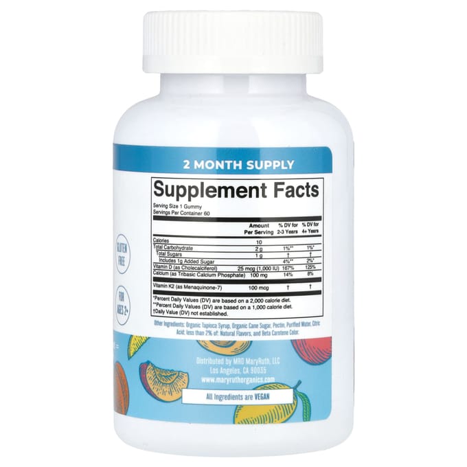 MaryRuth's, K2 + D3 Calcium Gummies, Perzik-, Mango- en Abrikoossmaken, 60 Gummies