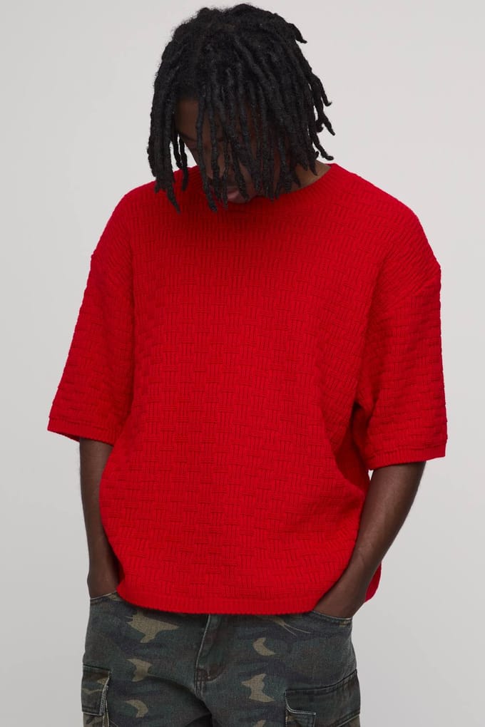 Boxy Fit Textured Stitch Knitted T-Shirt | Size Large