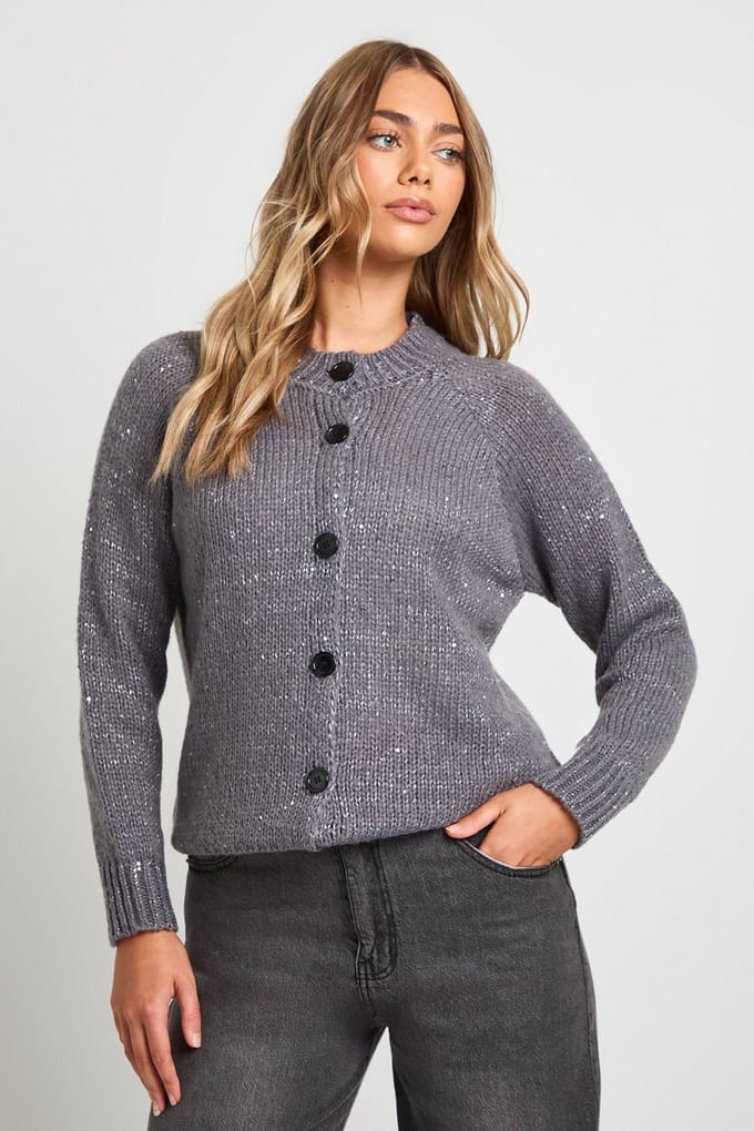 boohoo Dames Gebreide cardigan met paillettendetail | Charcoal | Maat: Small