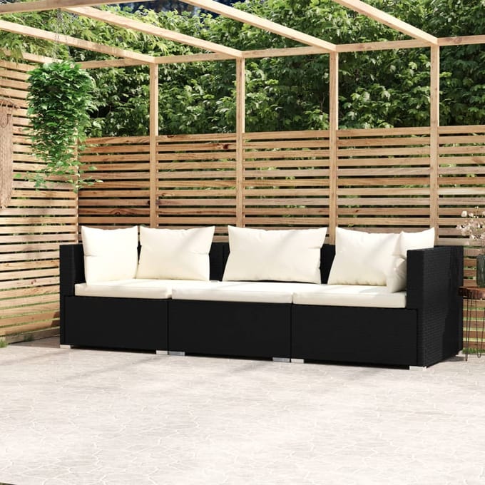 vidaXL - Driezitsbank - met - kussens - poly - rattan - zwart