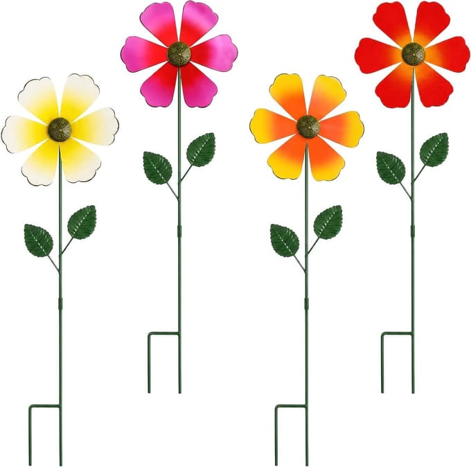 Windmolens Tuin - Windspinners Bloem - Tuindecoratie Buiten - Set van 4 - 58 x 16 cm - Meerkleurig