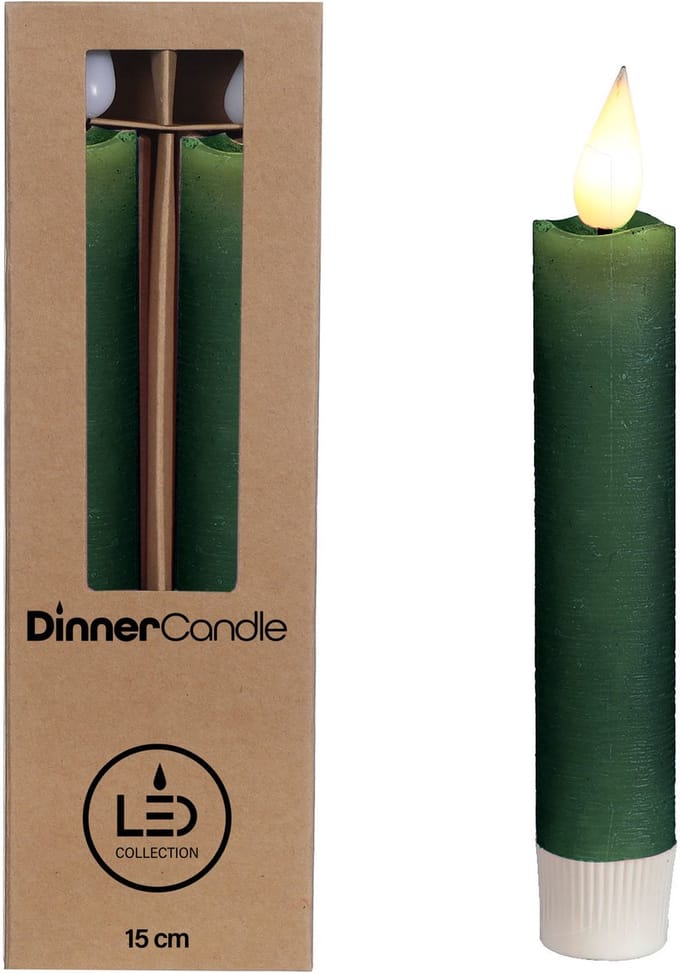 LED kaars h.21cm Ø2,1 cm rustieke afwerking mosgroen (set 2 st)
