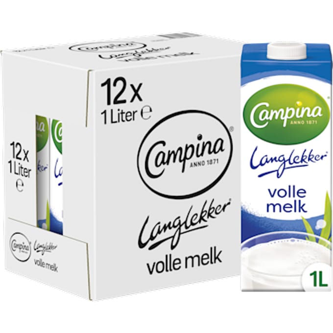 Campina Langlekker – Volle Melk – Houdbaar – 12 x 1 L – Voordeelverpakking