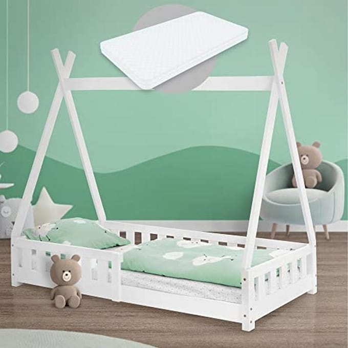 Kinderbed Tipi 80x160 cm met Matras en Valbeveiliging - Houten Huisbed