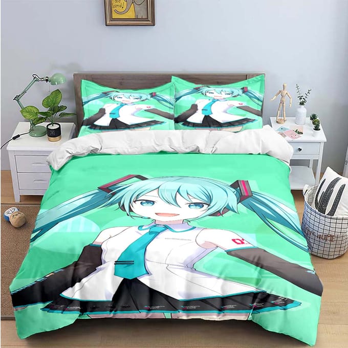 Dessin Animé Kawaii Chanteuse Virtuelle H-Hatsune-Miku Parures de Lit Ensemble de Linge de Lit Housse de Couette Ensemble Couette de Lit Ensemble de Linge de Lit Cadeau 150*200cm 3pcs