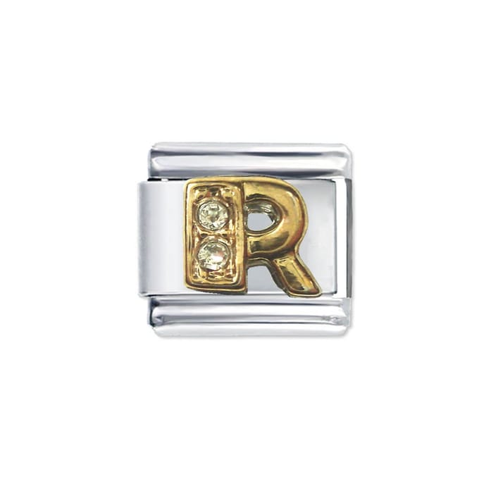 Schakel Bedel - Letter R - met strass - 9mm- Passend op Italiaanse Bedelarmband - Plated