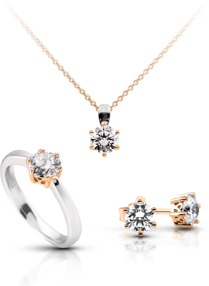 Diamonfire - Zilveren set Maat 18.5 - Ring, Collier, Oorbellen - Roseverguld