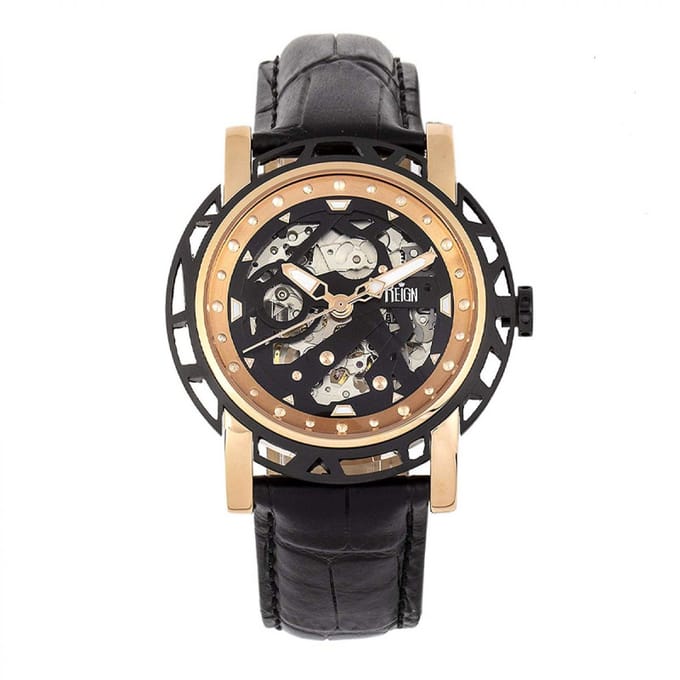 Reign Stavros automatisch skelet horloge met leren band
