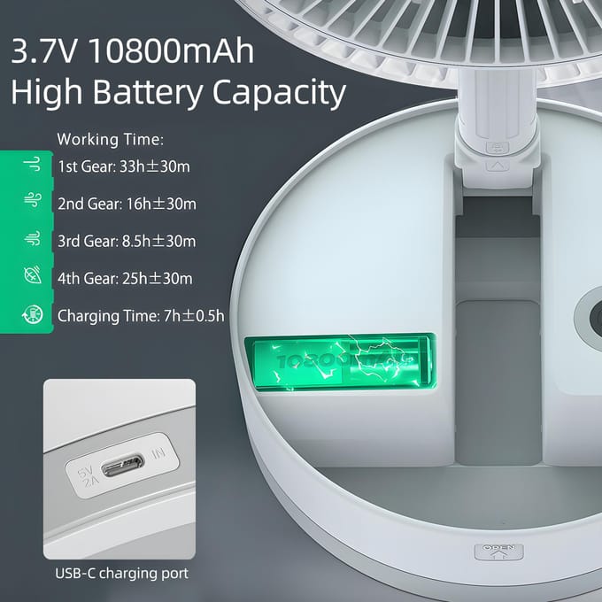 9-inch draagbare staande ventilator 10800mAh batterij Type-C oplaadbare oscillerende staande ventilator met LED zwart
