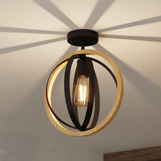 EGLO Basildon Plafondlamp - E27 - Staal|Hout - Zwart|Bruin