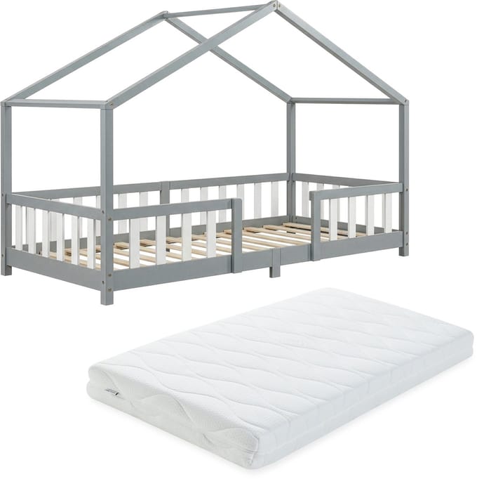 Kinderbed Treviolo met uitvalbeveiliging en matras 90x200 lichtgrijs en wit [en.casa]