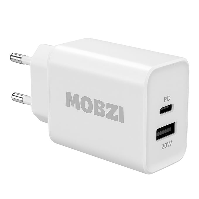 MOBZI 20W USB-C Snellader Adapter – 2-in-1 USB-C & USB-A Stekker – Geschikt voor iPhone 17, Samsung, iPad, MacBook – Compacte Oplader met Power Delivery