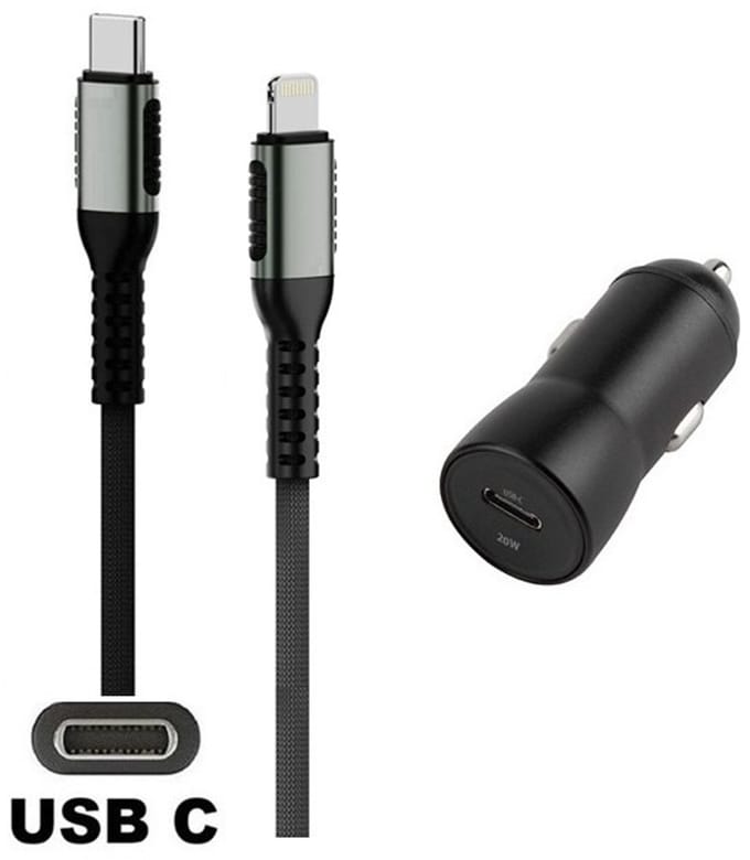 OneOne auto snellader + 0,5m OneOne USB C naar Lightning kabel. 20W lader. Universele autolader adapter past op Apple iPhone 5, iPhone 5c, iPhone 5s, iPhone 6, iPhone 6 Plus, iPhone 6s, iPhone 7, iPhone 7 Plus, iPhone 8, iPhone 8 Plus