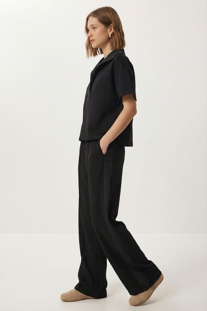 Polokraag Blouse & Midden Taille Wijde Pantalon Twee-Delig Set
