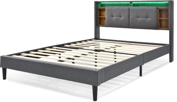 COVREO Bedframe 160x200 cm grijs, opbergruimte, LED, zonder matras