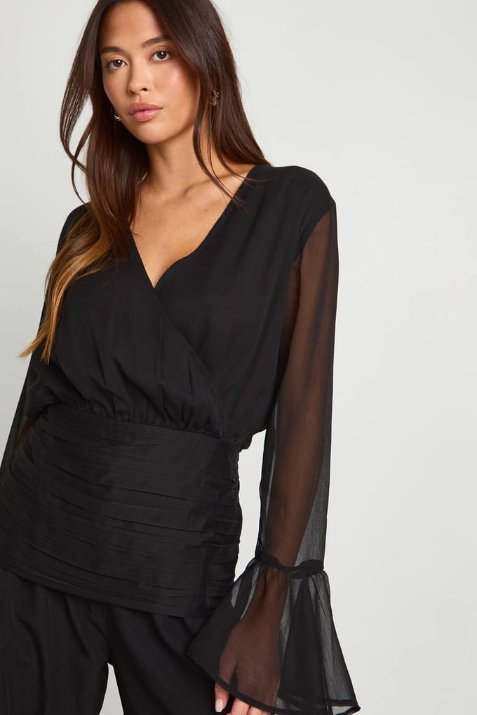 boohoo Dames Chiffon wikkelblouse met fluitmouwen | Black | Maat: 12