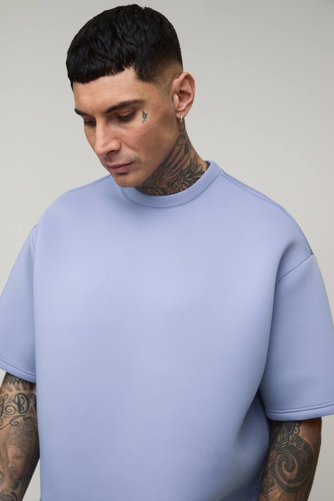 Tall Oversized Boxy Bonded Scuba T-Shirt | Dusty Blue | Size Medium