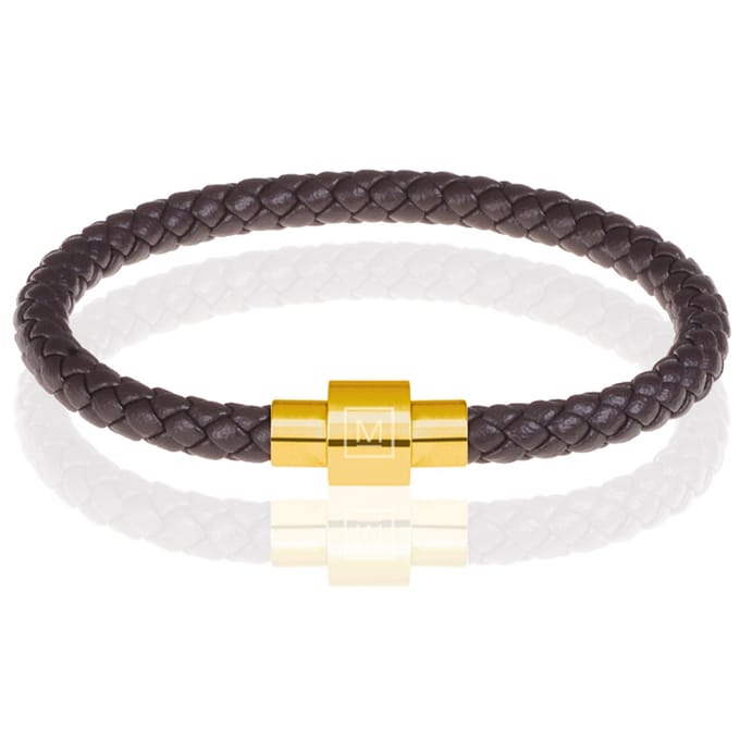 Memphis armband leer met edelstaal Donkerbruin Goudkleurig-20cm
