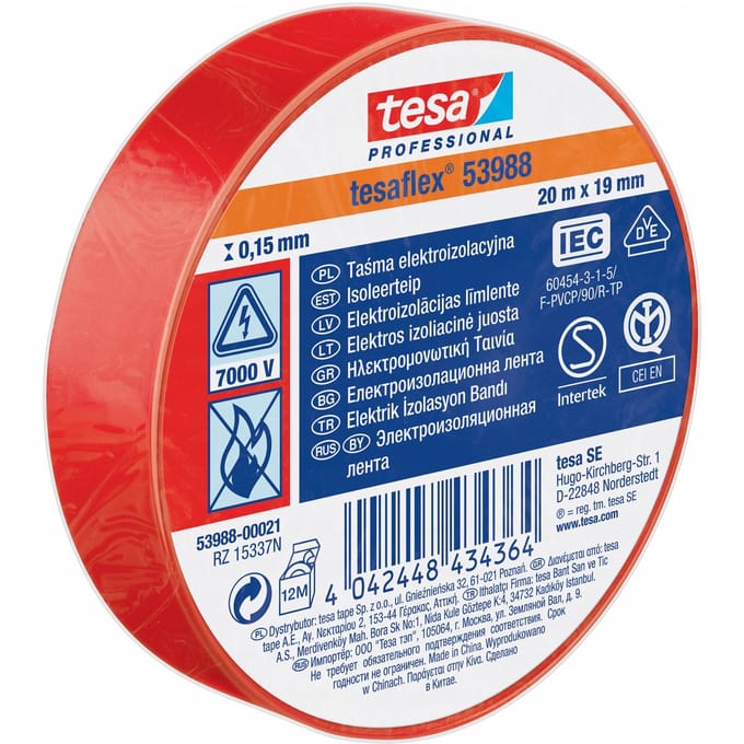Tesa PVC Isolatietape Rood 19mm x 20m - Sterk & Flexibel