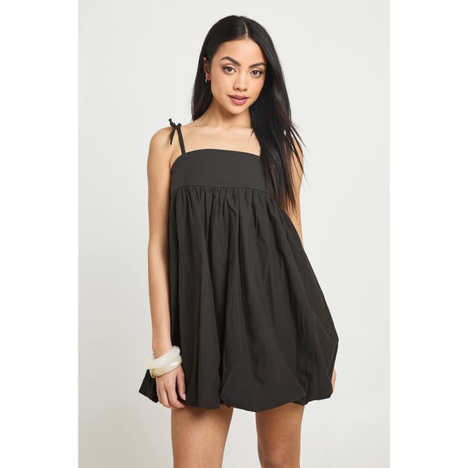 boohoo Dames Katoenen Popeline Pofbal Mini Jurk | Zwart | Maat: 42