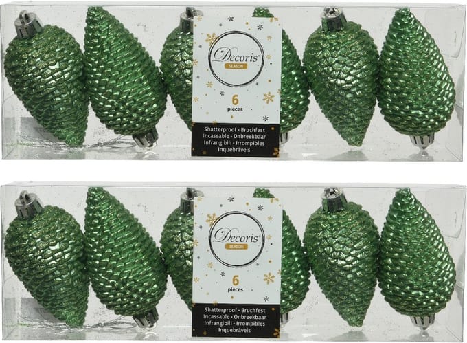 Decoris Kersthangers dennenappels - 18x st - groen - glitter - 8 cm - kunststof - kerstversiering